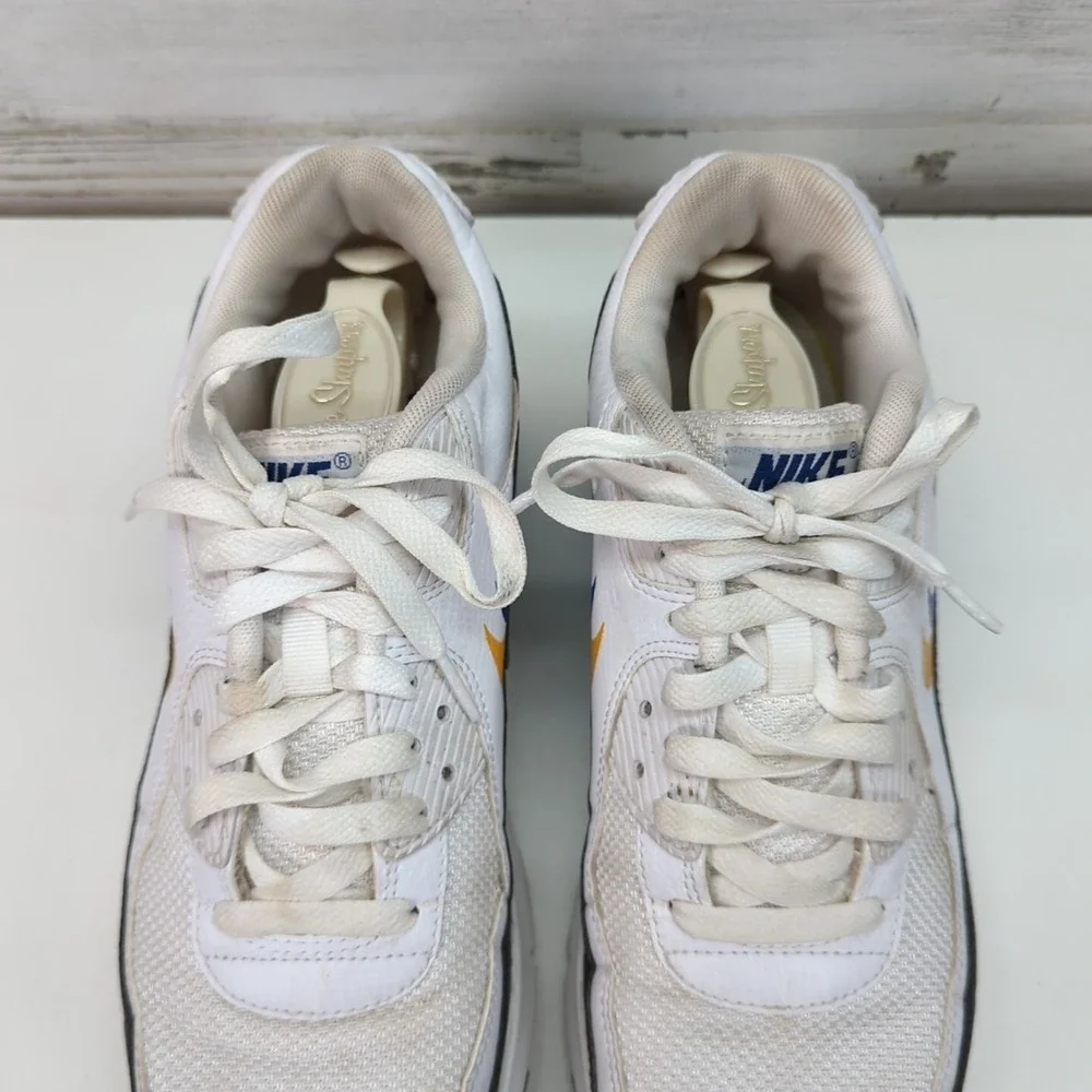 Nike Air Max 90 Double Swoosh White Black Gold Royal‎ FJ4592-100 7Y/8.5 Women